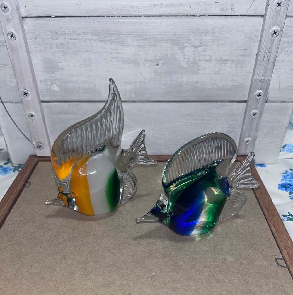 Set of 2 Vintage Murano Style Hand Blown Glass Tropical Angel Fish Figurines